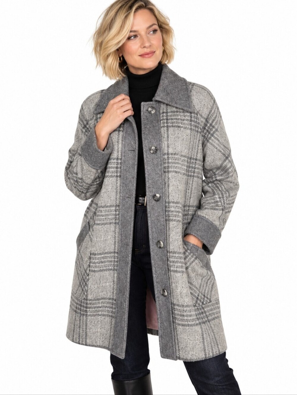 Passport Vintage Wool Plaid Coat L Gray Made in USA 80s Academia